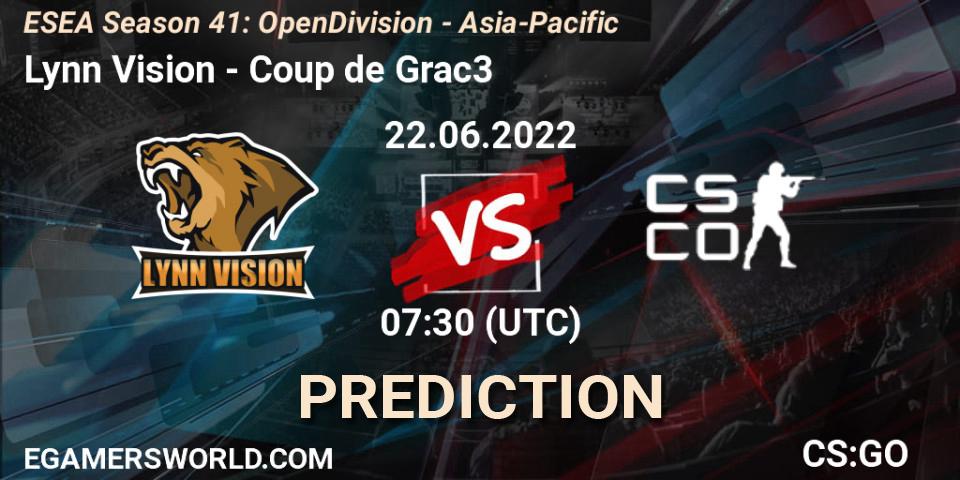 Lynn Vision vs Coup de Grac3: Betting TIp, Match Prediction. 22.06.2022 at 07:30. Counter-Strike (CS2), ESEA Season 41: Open Division - Asia-Pacific
