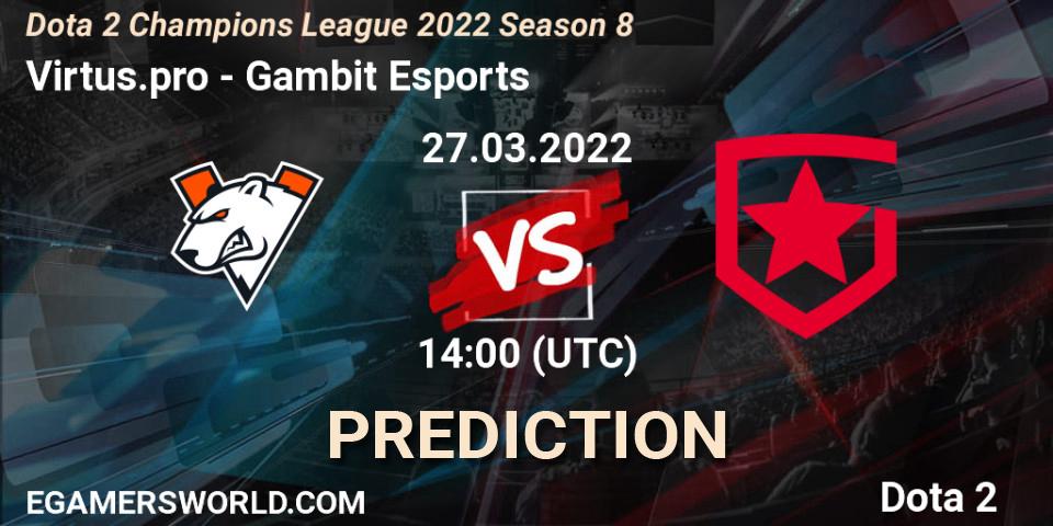 Virtus.pro vs Gambit Esports: Betting TIp, Match Prediction. 27.03.2022 at 14:23. Dota 2, Dota 2 Champions League 2022 Season 8