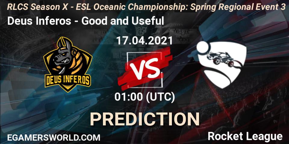 Deus Inferos vs Good and Useful: Betting TIp, Match Prediction. 17.04.2021 at 01:00. Rocket League, RLCS Season X - ESL Oceanic Championship: Spring Regional Event 3
