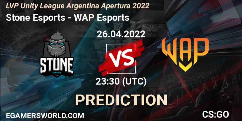 Stone Esports vs WAP Esports: Betting TIp, Match Prediction. 26.04.2022 at 23:30. Counter-Strike (CS2), LVP Unity League Argentina Apertura 2022