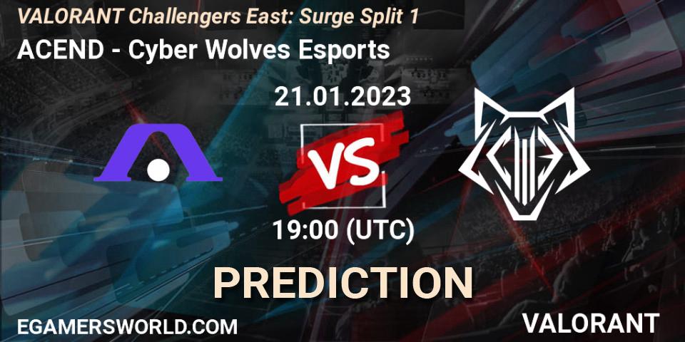 ACEND vs Cyber Wolves Esports: Betting TIp, Match Prediction. 21.01.2023 at 19:30. VALORANT, VALORANT Challengers 2023 East: Surge Split 1