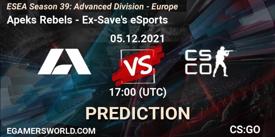 Apeks Rebels vs Ex-Save's eSports: Betting TIp, Match Prediction. 05.12.2021 at 17:00. Counter-Strike (CS2), ESEA Season 39: Advanced Division - Europe