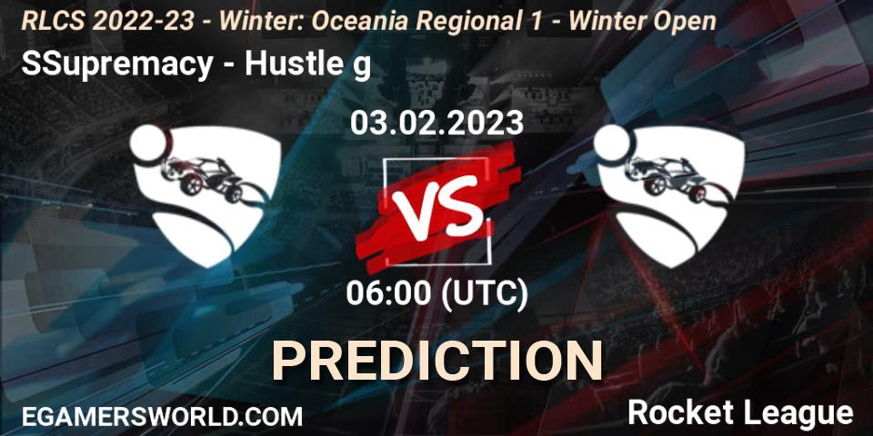 SSupremacy vs Hustle g: Betting TIp, Match Prediction. 03.02.2023 at 06:00. Rocket League, RLCS 2022-23 - Winter: Oceania Regional 1 - Winter Open