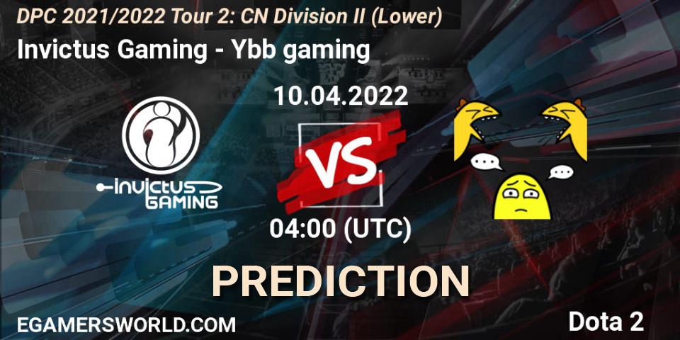 Invictus Gaming vs Ybb gaming: Betting TIp, Match Prediction. 19.04.2022 at 04:00. Dota 2, DPC 2021/2022 Tour 2: CN Division II (Lower)