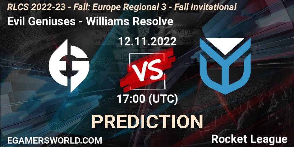 Evil Geniuses vs Williams Resolve: Betting TIp, Match Prediction. 12.11.22. Rocket League, RLCS 2022-23 - Fall: Europe Regional 3 - Fall Invitational