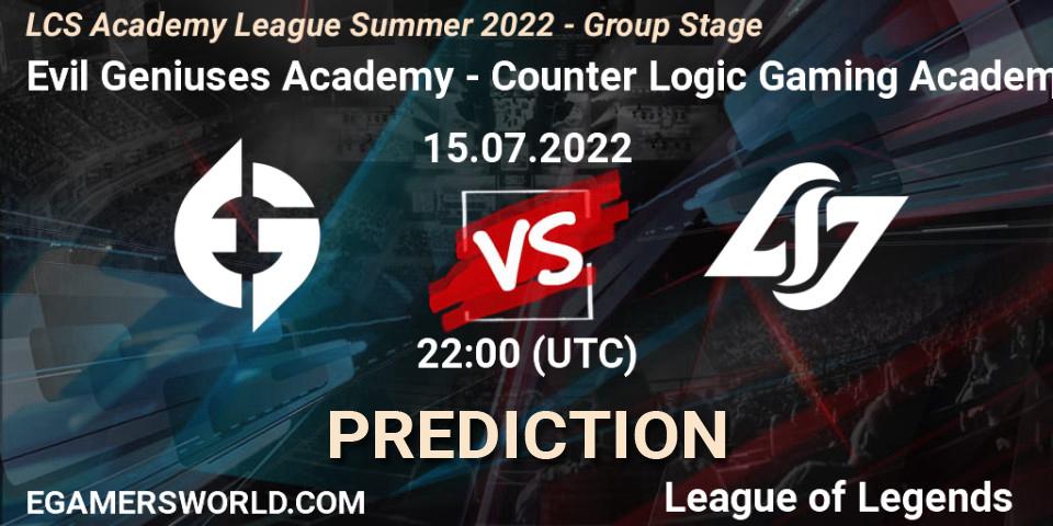 Evil Geniuses Academy vs Counter Logic Gaming Academy: Betting TIp, Match Prediction. 15.07.2022 at 22:00. LoL, LCS Academy League Summer 2022 - Group Stage