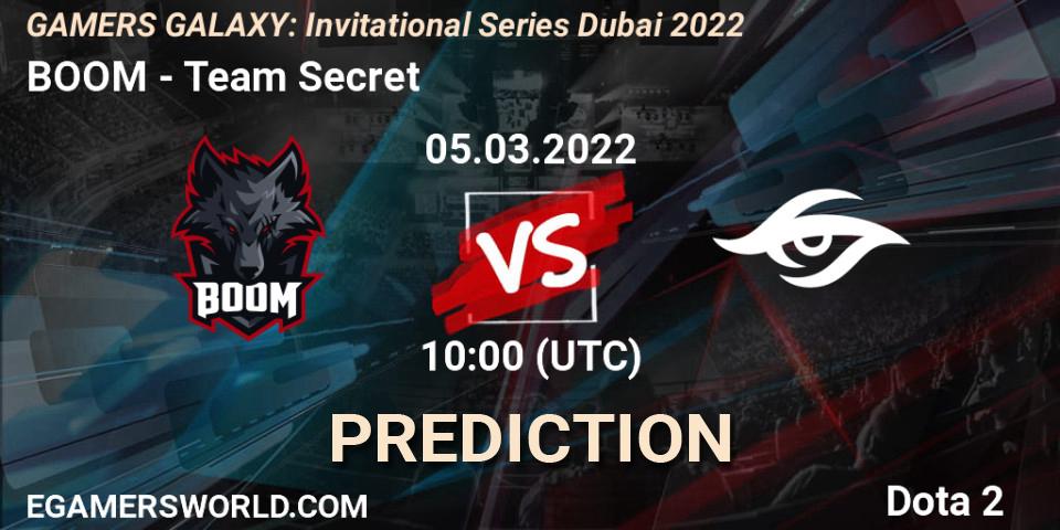 BOOM vs Team Secret: Betting TIp, Match Prediction. 05.03.2022 at 09:58. Dota 2, GAMERS GALAXY: Invitational Series Dubai 2022