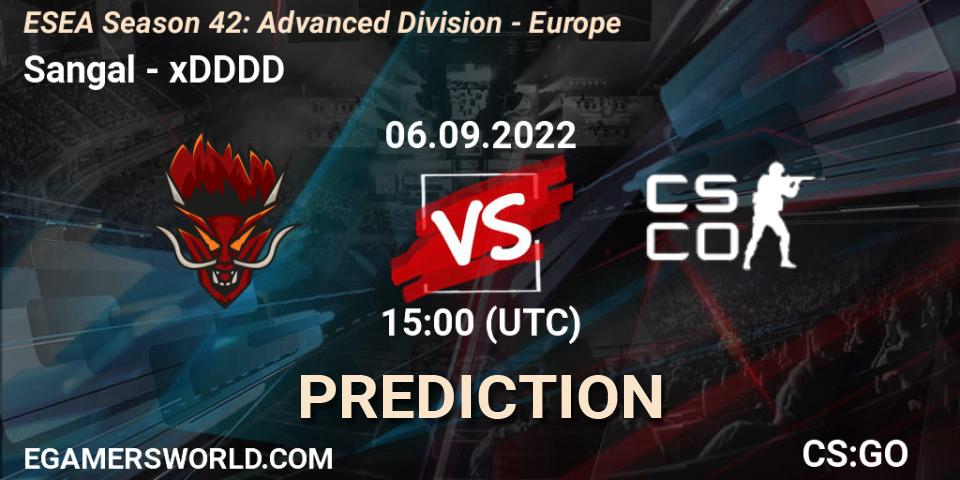 Sangal vs xDDDD: Betting TIp, Match Prediction. 06.09.2022 at 15:00. Counter-Strike (CS2), ESEA Season 42: Advanced Division - Europe
