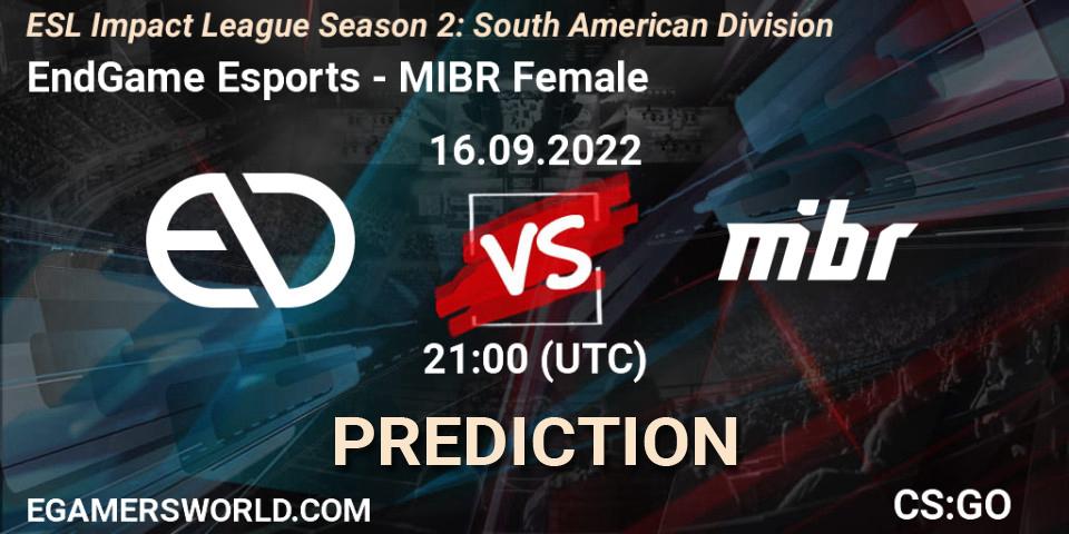 EndGame Esports vs MIBR Female: Betting TIp, Match Prediction. 16.09.2022 at 21:00. Counter-Strike (CS2), ESL Impact League Season 2: South American Division