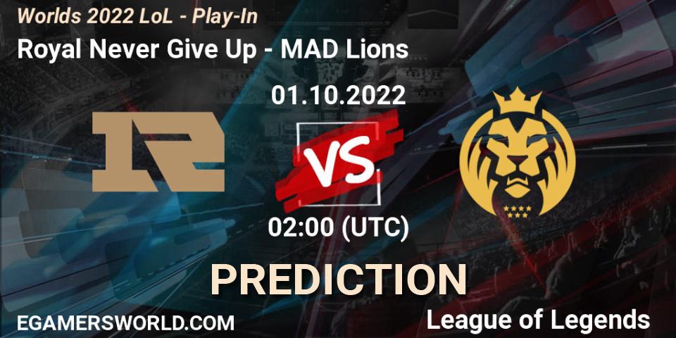 Royal Never Give Up vs MAD Lions: Betting TIp, Match Prediction. 01.10.2022 at 02:30. LoL, Worlds 2022 LoL - Play-In