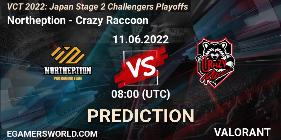 Northeption vs Crazy Raccoon: Betting TIp, Match Prediction. 11.06.2022 at 08:35. VALORANT, VCT 2022: Japan Stage 2 Challengers Playoffs