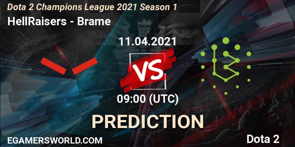 HellRaisers vs Brame: Betting TIp, Match Prediction. 11.04.2021 at 09:05. Dota 2, Dota 2 Champions League 2021 Season 1