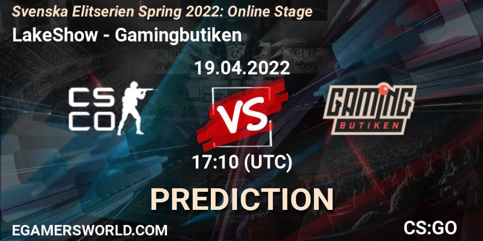 LakeShow vs Gamingbutiken: Betting TIp, Match Prediction. 19.04.2022 at 17:10. Counter-Strike (CS2), Svenska Elitserien Spring 2022: Online Stage