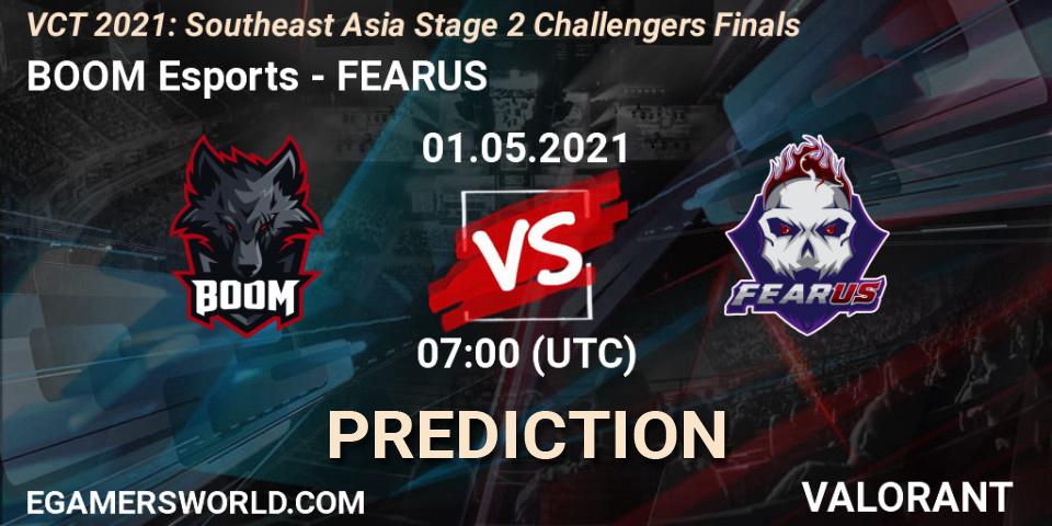 BOOM Esports vs FEARUS: Betting TIp, Match Prediction. 01.05.2021 at 07:00. VALORANT, VCT 2021: Southeast Asia Stage 2 Challengers Finals