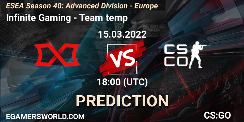 Infinite Gaming vs Team temp: Betting TIp, Match Prediction. 15.03.2022 at 18:00. Counter-Strike (CS2), ESEA Season 40: Advanced Division - Europe