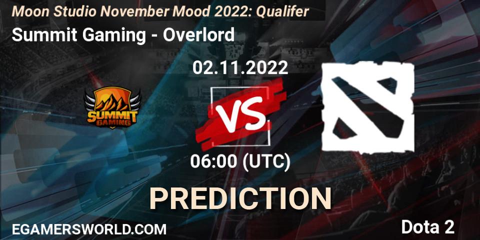 Summit Gaming vs Overlord: Betting TIp, Match Prediction. 02.11.2022 at 06:04. Dota 2, Moon Studio November Mood 2022: Qualifer