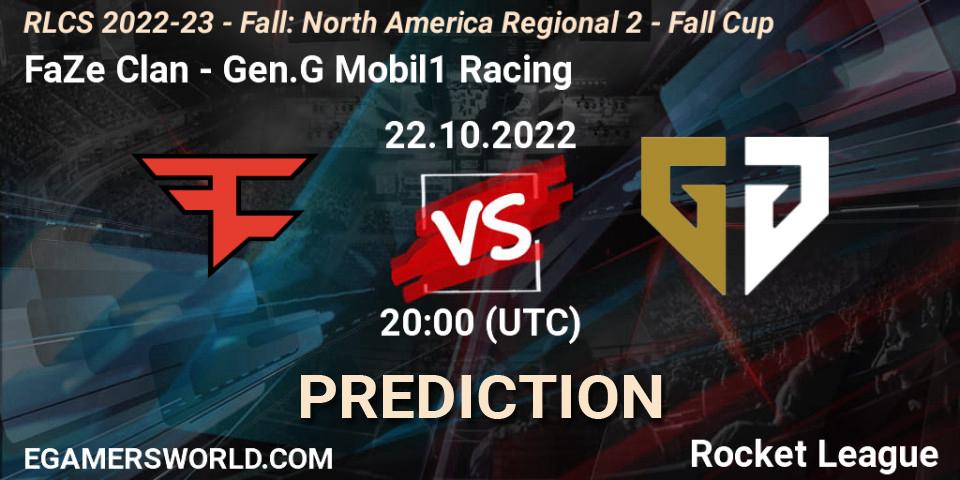 FaZe Clan vs Gen.G Mobil1 Racing: Betting TIp, Match Prediction. 22.10.2022 at 20:40. Rocket League, RLCS 2022-23 - Fall: North America Regional 2 - Fall Cup