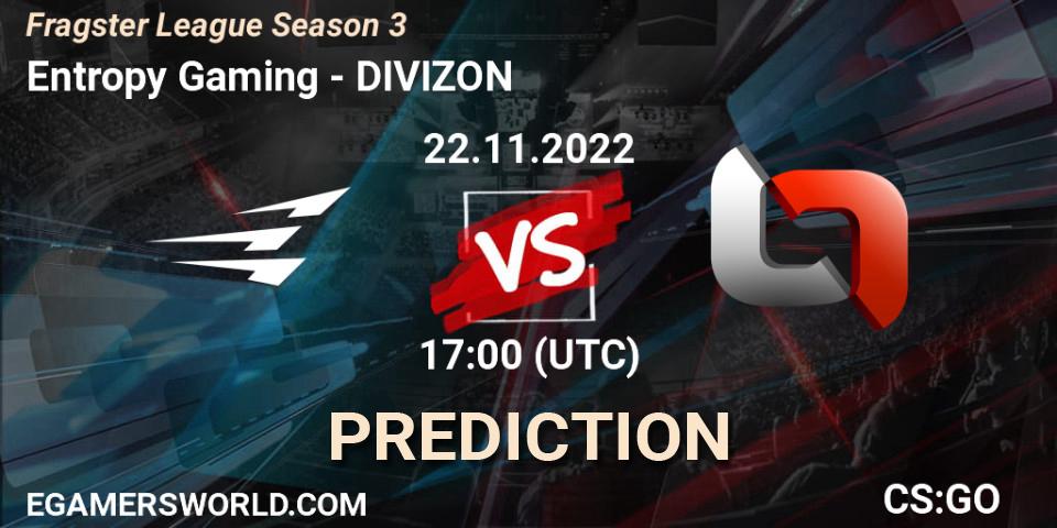 Entropy Gaming vs DIVIZON: Betting TIp, Match Prediction. 01.12.2022 at 18:00. Counter-Strike (CS2), Fragster League Season 3