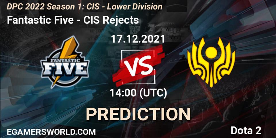 Fantastic Five vs CIS Rejects: Betting TIp, Match Prediction. 17.12.2021 at 14:10. Dota 2, DPC 2022 Season 1: CIS - Lower Division