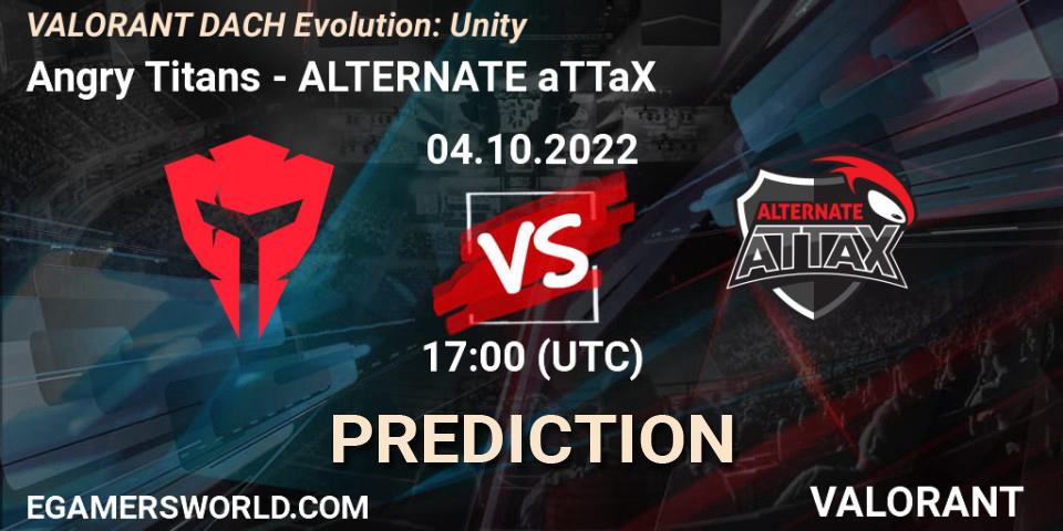 Angry Titans vs ALTERNATE aTTaX: Betting TIp, Match Prediction. 04.10.2022 at 17:00. VALORANT, VALORANT DACH Evolution: Unity