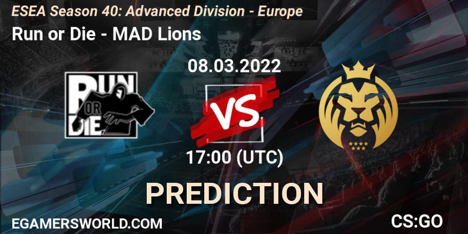 Run or Die vs MAD Lions: Betting TIp, Match Prediction. 10.03.2022 at 17:00. Counter-Strike (CS2), ESEA Season 40: Advanced Division - Europe