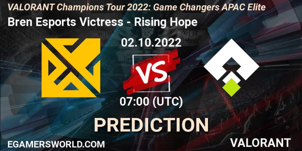 Bren Esports Victress vs Rising Hope: Betting TIp, Match Prediction. 02.10.2022 at 08:00. VALORANT, VCT 2022: Game Changers APAC Elite