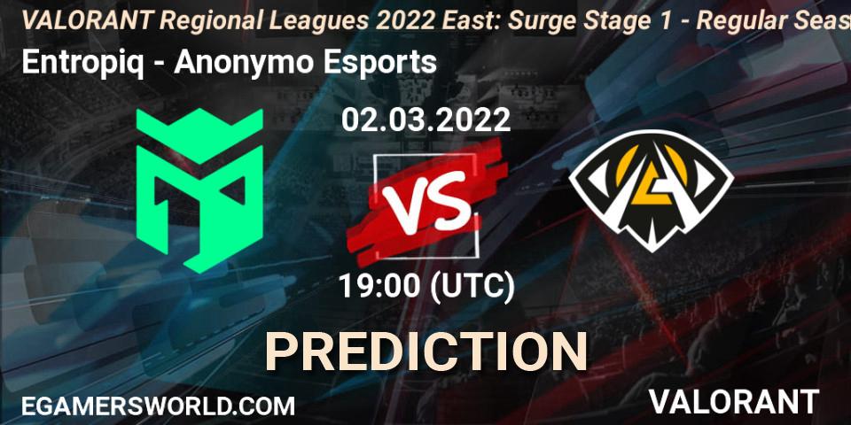 Entropiq vs Anonymo Esports: Betting TIp, Match Prediction. 02.03.2022 at 19:00. VALORANT, VALORANT Regional Leagues 2022 East: Surge Stage 1 - Regular Season