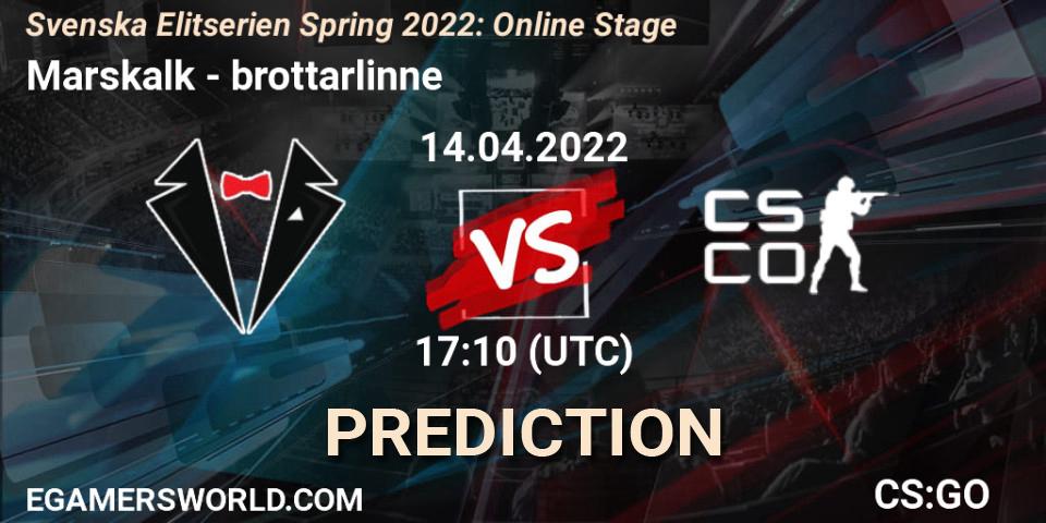 Marskalk vs brottarlinne: Betting TIp, Match Prediction. 14.04.2022 at 17:10. Counter-Strike (CS2), Svenska Elitserien Spring 2022: Online Stage