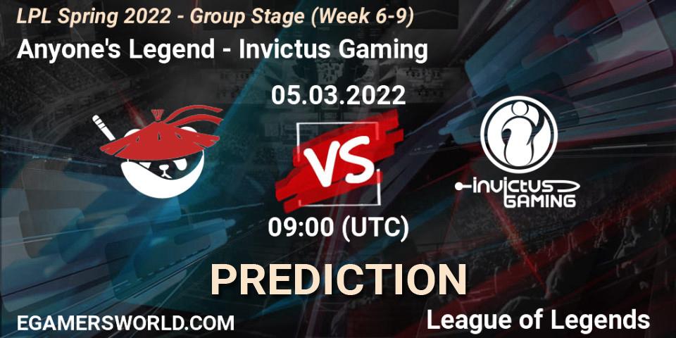 Anyone's Legend vs Invictus Gaming: Betting TIp, Match Prediction. 05.03.2022 at 10:00. LoL, LPL Spring 2022 - Group Stage (Week 6-9)