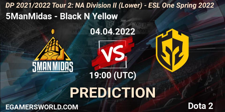 5ManMidas vs Black N Yellow: Betting TIp, Match Prediction. 04.04.22. Dota 2, DP 2021/2022 Tour 2: NA Division II (Lower) - ESL One Spring 2022