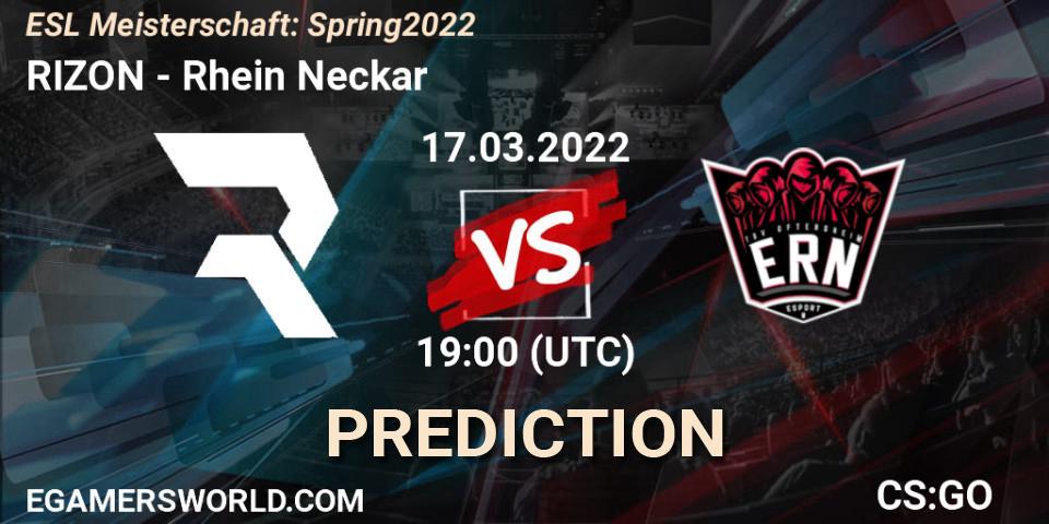 RIZON vs Rhein Neckar: Betting TIp, Match Prediction. 17.03.2022 at 19:00. Counter-Strike (CS2), ESL Meisterschaft: Spring 2022