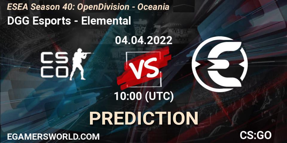 DGG Esports vs Elemental: Betting TIp, Match Prediction. 04.04.2022 at 10:00. Counter-Strike (CS2), ESEA Season 40: Open Division - Oceania