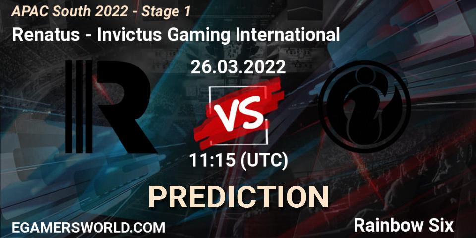 Renatus vs Invictus Gaming International: Betting TIp, Match Prediction. 26.03.2022 at 11:15. Rainbow Six, APAC South 2022 - Stage 1