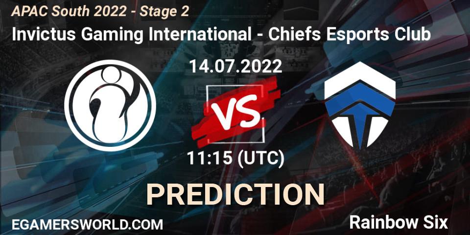 Invictus Gaming International vs Chiefs Esports Club: Betting TIp, Match Prediction. 14.07.2022 at 11:15. Rainbow Six, APAC South 2022 - Stage 2