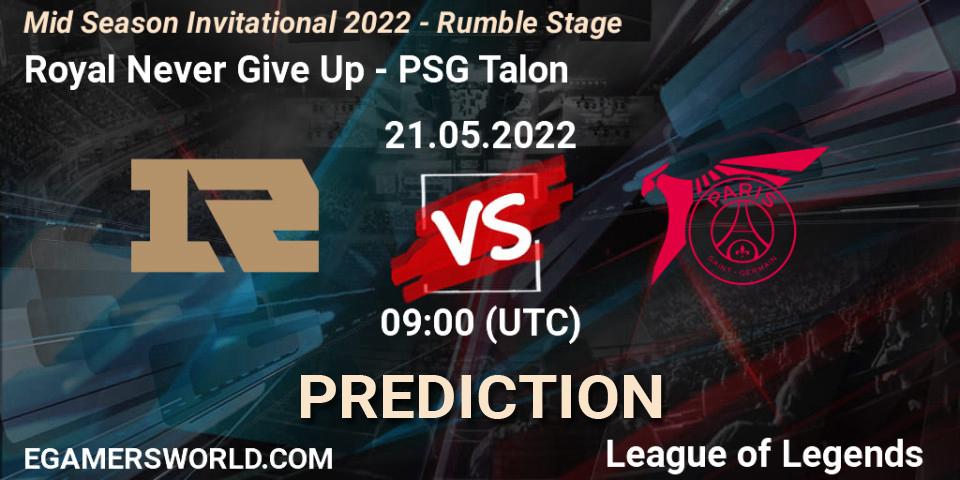 Royal Never Give Up vs PSG Talon: Betting TIp, Match Prediction. 21.05.2022 at 09:00. LoL, Mid Season Invitational 2022 - Rumble Stage