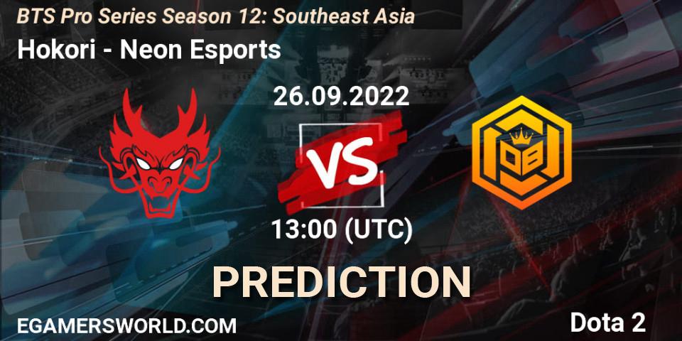 Hokori vs Neon Esports: Betting TIp, Match Prediction. 26.09.2022 at 13:43. Dota 2, BTS Pro Series Season 12: Southeast Asia