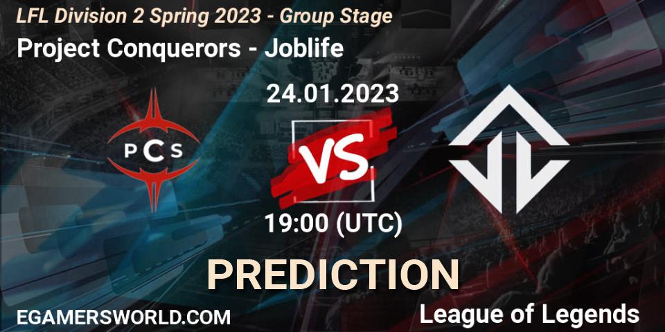 Project Conquerors vs Joblife: Betting TIp, Match Prediction. 24.01.2023 at 19:15. LoL, LFL Division 2 Spring 2023 - Group Stage