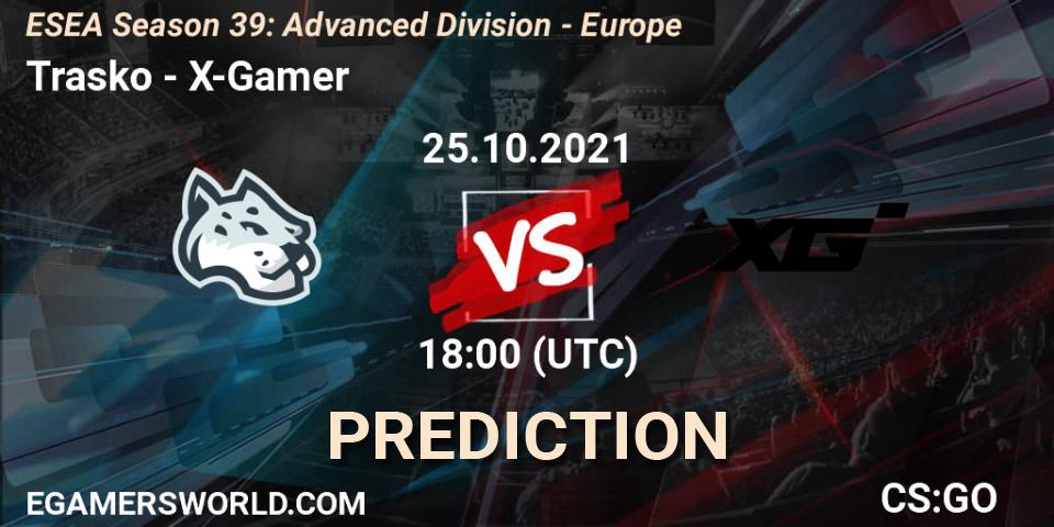 Trasko vs X-Gamer: Betting TIp, Match Prediction. 25.10.2021 at 18:00. Counter-Strike (CS2), ESEA Season 39: Advanced Division - Europe