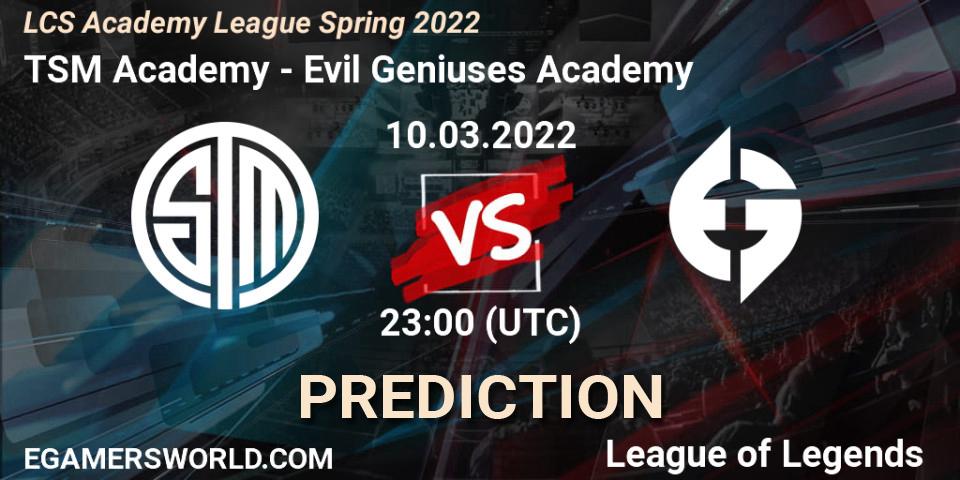 TSM Academy vs Evil Geniuses Academy: Betting TIp, Match Prediction. 10.03.2022 at 23:00. LoL, LCS Academy League Spring 2022