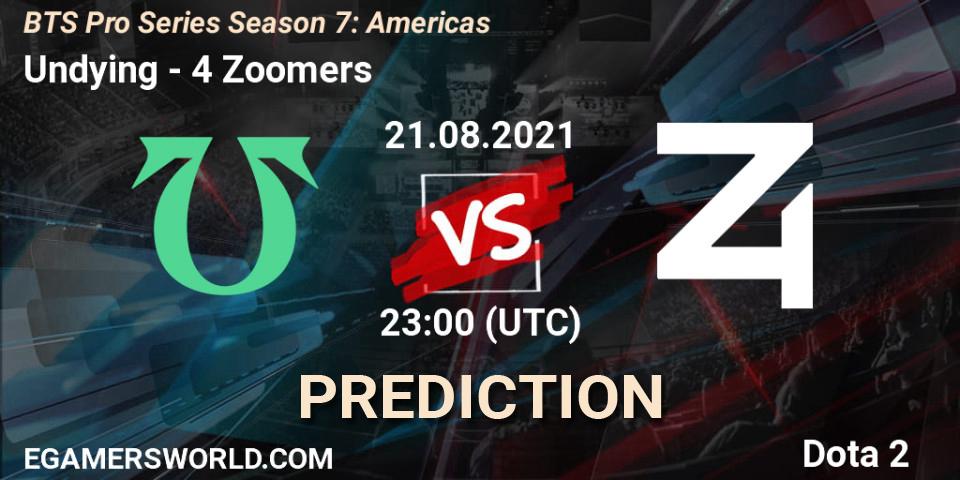 Undying vs 4 Zoomers: Betting TIp, Match Prediction. 21.08.2021 at 20:05. Dota 2, BTS Pro Series Season 7: Americas