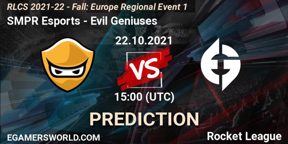 SMPR Esports vs Evil Geniuses: Betting TIp, Match Prediction. 22.10.2021 at 15:00. Rocket League, RLCS 2021-22 - Fall: Europe Regional Event 1
