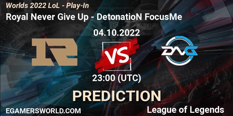 Royal Never Give Up vs DetonatioN FocusMe: Betting TIp, Match Prediction. 04.10.22. LoL, Worlds 2022 LoL - Play-In