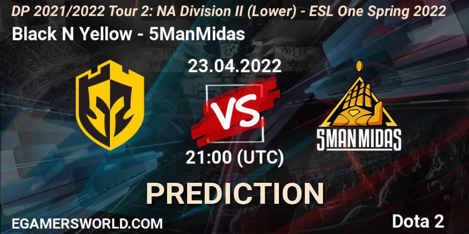 Black N Yellow vs 5ManMidas: Betting TIp, Match Prediction. 23.04.22. Dota 2, DP 2021/2022 Tour 2: NA Division II (Lower) - ESL One Spring 2022
