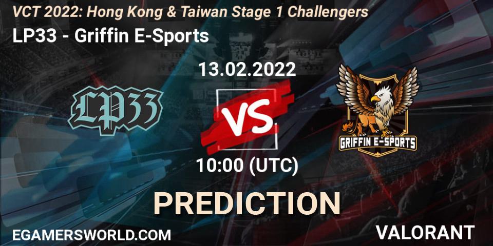 LP33 vs Griffin E-Sports: Betting TIp, Match Prediction. 13.02.2022 at 10:00. VALORANT, VCT 2022: Hong Kong & Taiwan Stage 1 Challengers