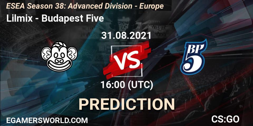 Lilmix vs Budapest Five: Betting TIp, Match Prediction. 31.08.2021 at 16:00. Counter-Strike (CS2), ESEA Season 38: Advanced Division - Europe