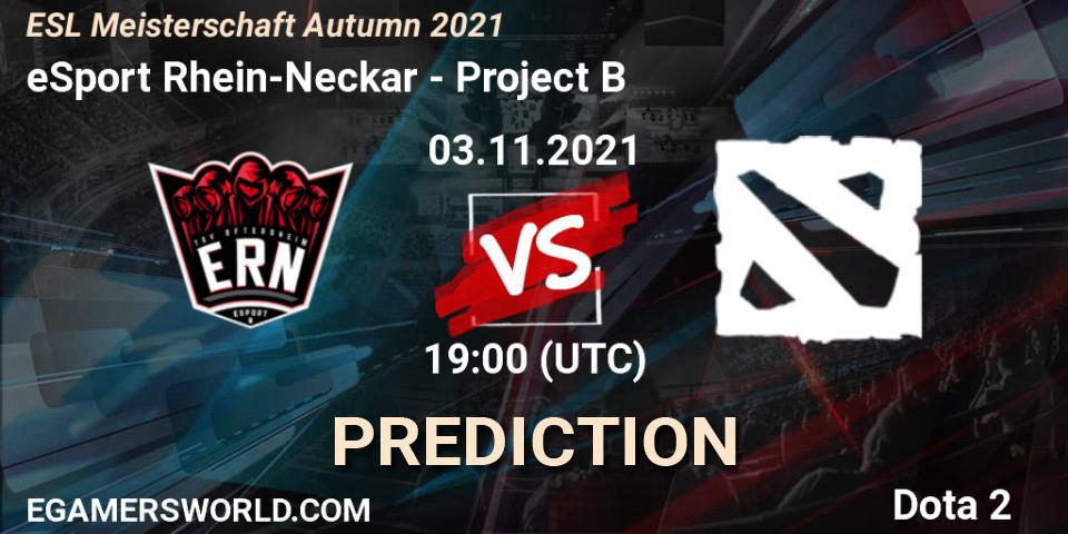 eSport Rhein-Neckar vs Project B: Betting TIp, Match Prediction. 03.11.2021 at 20:36. Dota 2, ESL Meisterschaft Autumn 2021