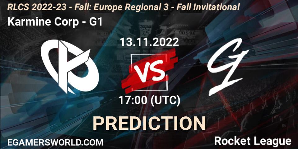Karmine Corp vs G1: Betting TIp, Match Prediction. 13.11.2022 at 16:55. Rocket League, RLCS 2022-23 - Fall: Europe Regional 3 - Fall Invitational