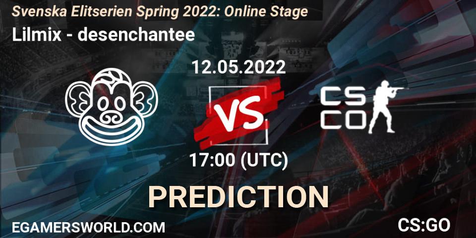 Lilmix vs desenchantee: Betting TIp, Match Prediction. 12.05.2022 at 17:00. Counter-Strike (CS2), Svenska Elitserien Spring 2022: Online Stage