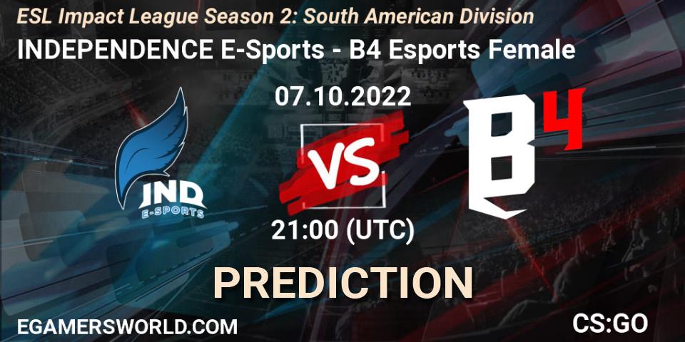 INDEPENDENCE E-Sports vs B4 Esports Female: Betting TIp, Match Prediction. 07.10.2022 at 21:00. Counter-Strike (CS2), ESL Impact League Season 2: South American Division