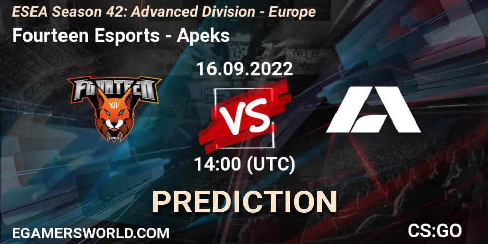 Fourteen Esports vs Apeks: Betting TIp, Match Prediction. 16.09.22. CS2 (CS:GO), ESEA Season 42: Advanced Division - Europe